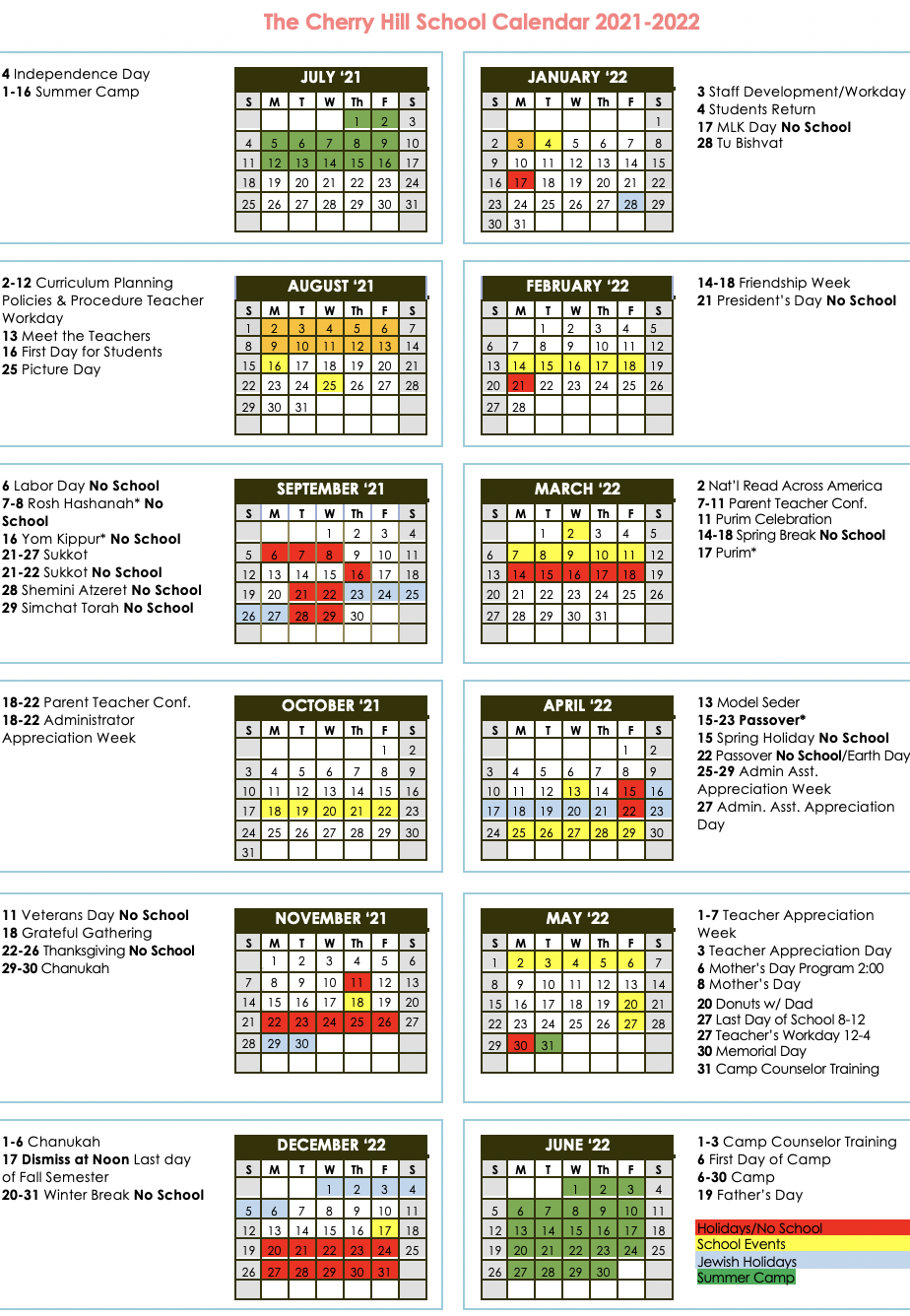 School Calendar The Cherry Hill School