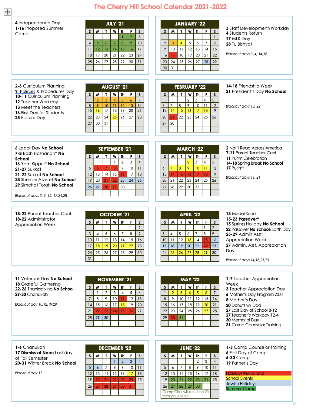 School Calendar – The Cherry Hill School