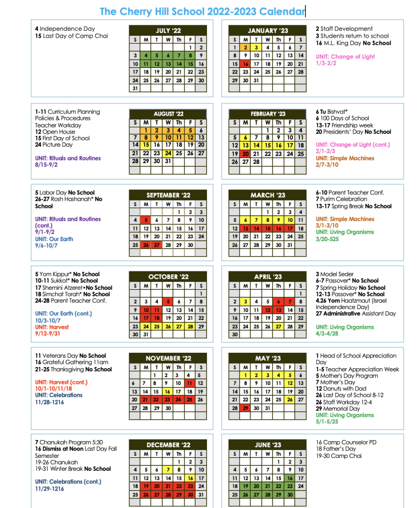 School Calendar The Cherry Hill School