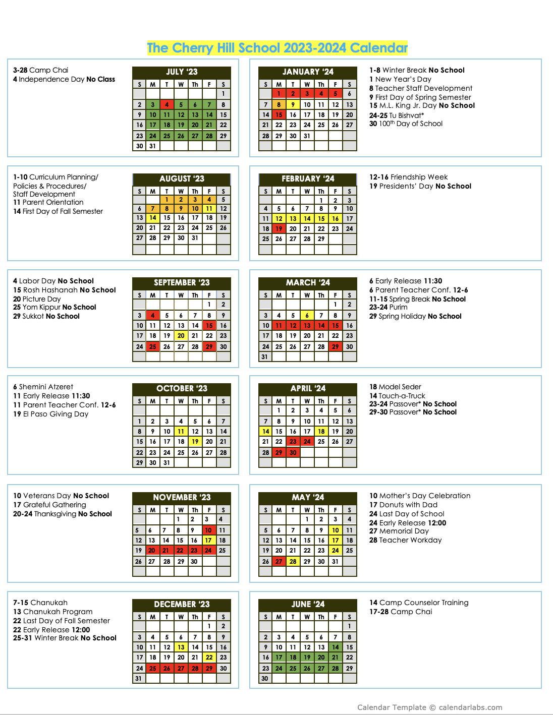 School Calendar 2024 – 2025 – The Cherry Hill School